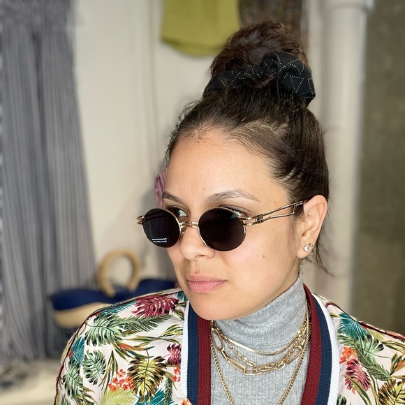 Black lenses gold round frame double bridge nose sunglasses - Picture 4 of 4